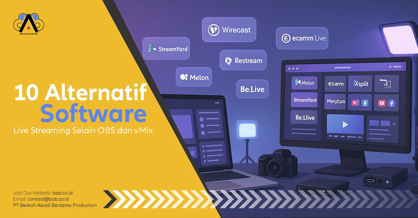 Alternatif Software Live Streaming Selain OBS dan vMix Untuk MacOS dan Windows: panduan jitu pilih software desktop & cloud, multistream, tamu remote, dan rekaman stabil.