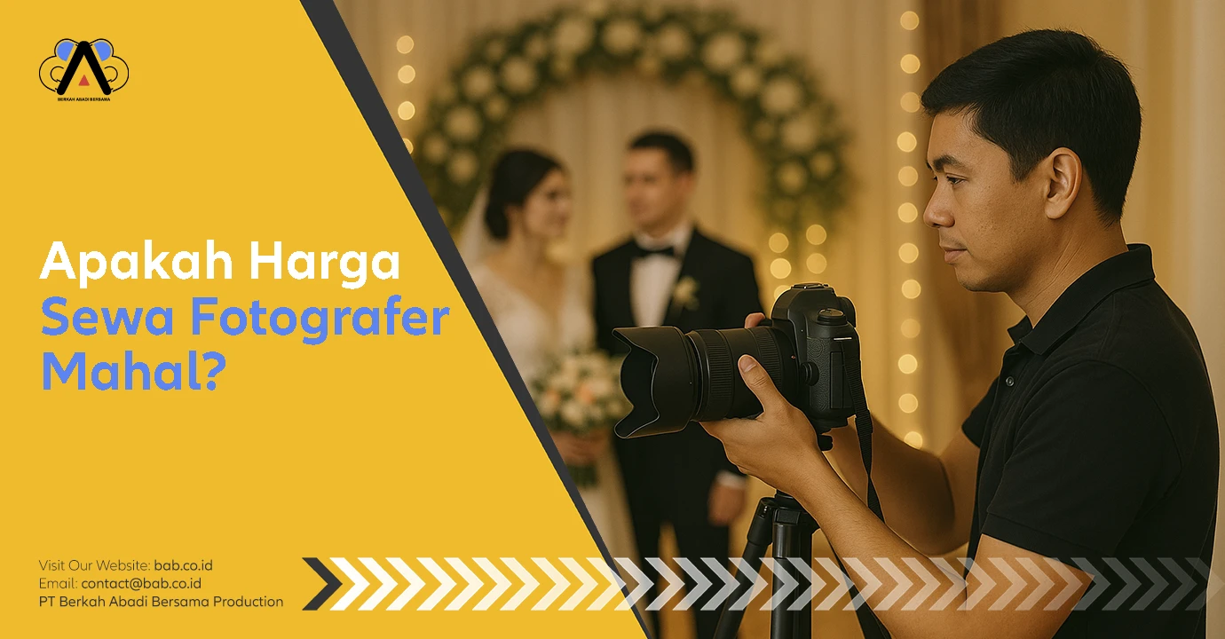 Seorang fotografer profesional sedang memotret acara pernikahan dengan kamera DSLR, memperlihatkan keseriusan dalam bekerja, latar belakang dekorasi elegan, suasana hangat dan penuh kebahagiaan. Apakah Harga Sewa Fotografer Mahal?