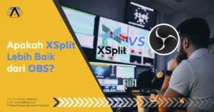 Ilustrasi digital perbandingan OBS Studio dan XSplit Broadcaster, dua software streaming populer, ditampilkan berdampingan dengan nuansa biru dan ungu.