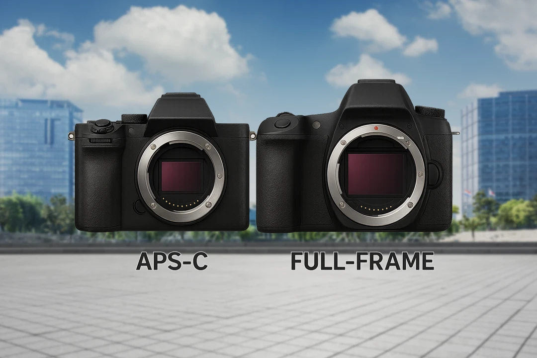 Perbandingan dua kamera digital tanpa lensa, menampilkan kamera APS-C di sisi kiri dengan sensor lebih kecil dan kamera Full-Frame di sisi kanan dengan sensor lebih besar, diletakkan berdampingan di atas latar belakang Kota.
