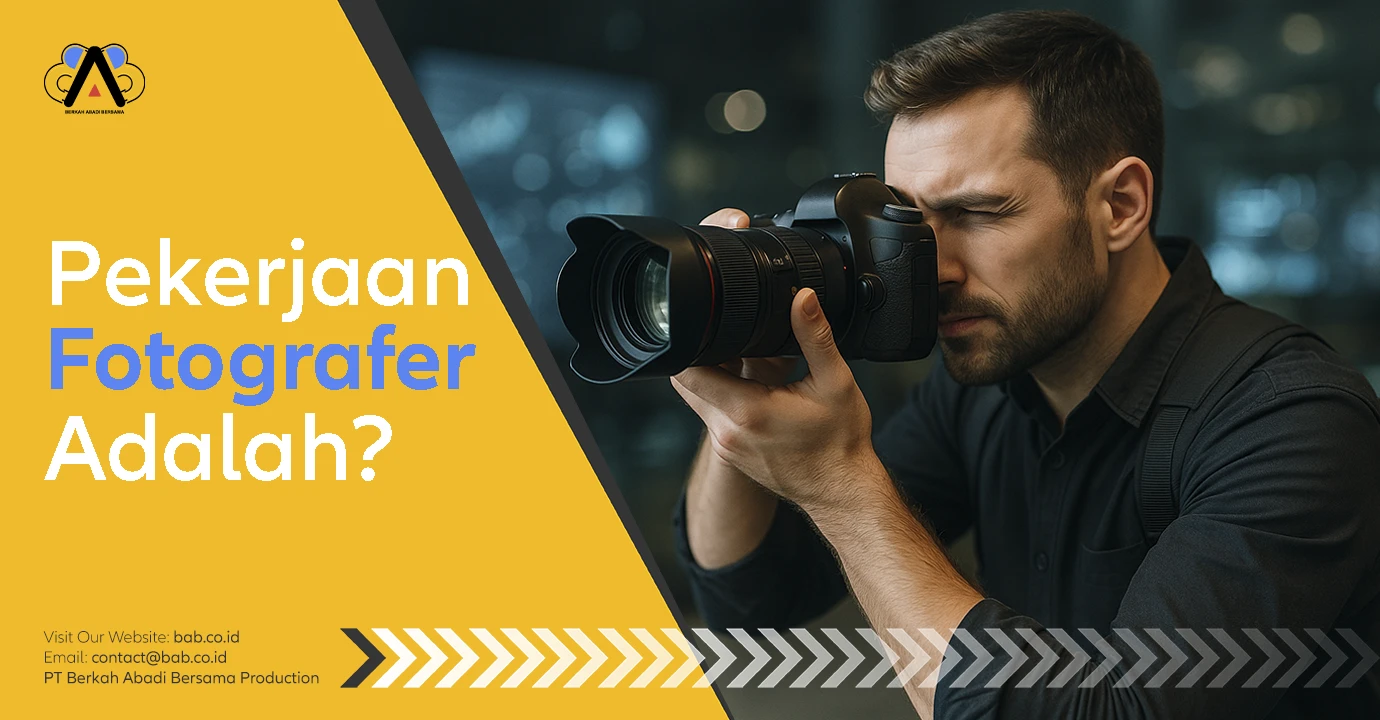 Fotografer profesional sedang membidik dengan kamera DSLR di lingkungan modern, mencerminkan pekerjaan fotografer di era digital.