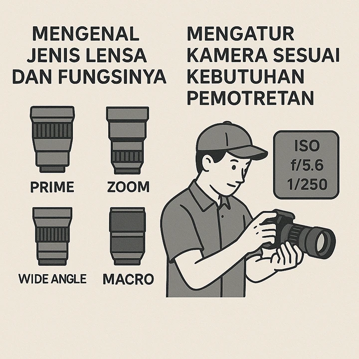 Ilustrasi lensa kamera dan pengaturan kamera untuk menunjukkan pemahaman peralatan sebagai salah satu skill yang harus dimiliki fotografer pemula.