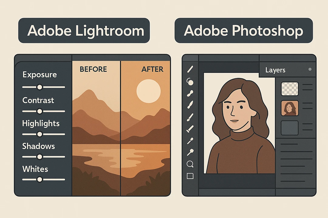 Tampilan antarmuka Adobe Lightroom dan Photoshop sebagai tools penting dalam mengasah skill yang harus dimiliki fotografer pemula di tahap editing.