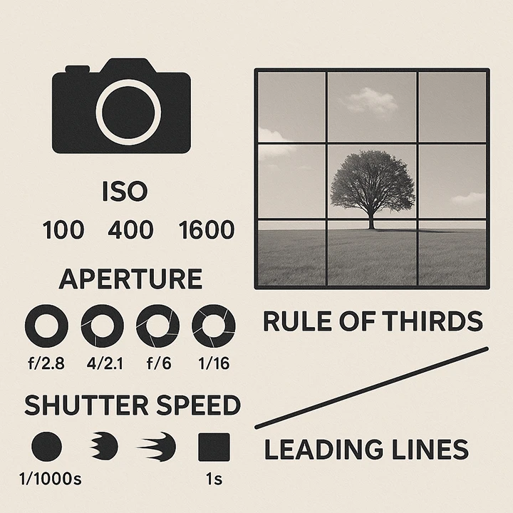 Diagram teknik dasar fotografi yang menunjukkan exposure, ISO, aperture, dan shutter speed sebagai bagian dari skill yang harus dimiliki fotografer pemula
