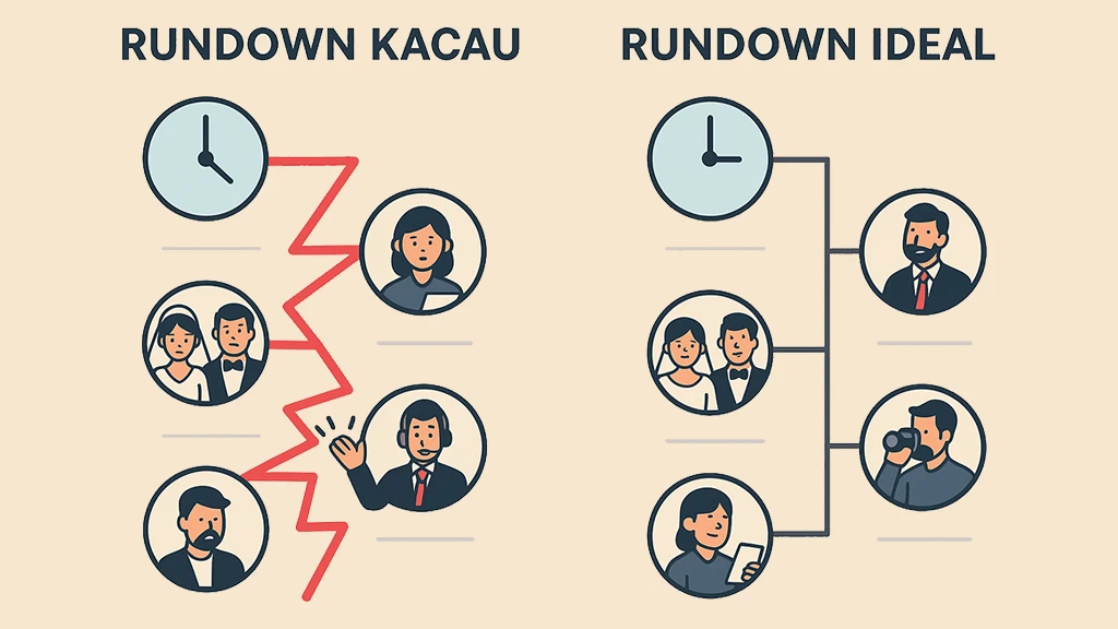 Perbandingan visual rundown wedding organizer kacau dan rundown ideal dalam acara pernikahan modern.