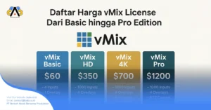 Gambar perbandingan harga lisensi vMix 2025 dari Basic hingga Pro Edition, menampilkan kategori dan warna berbeda untuk tiap versi.