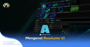 Tampilan antarmuka software Resolume VJ dengan panel video clip, efek visual, dan kontrol layer di layar gelap bernuansa teal.