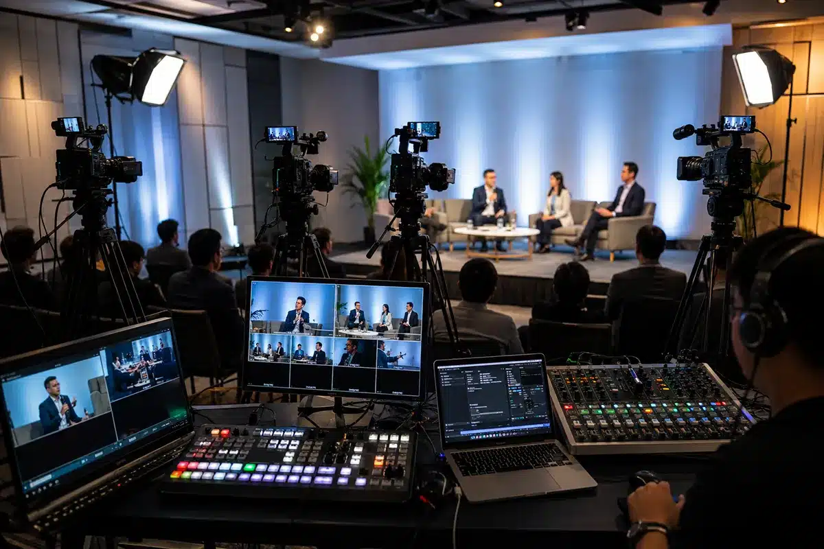 Jasa live streaming BAB Production dengan peralatan multi kamera, switcher video, audio mixer, dan operator profesional untuk event perusahaan, seminar, webinar, dan acara hybrid.