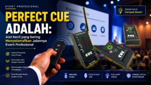 Ilustrasi perfect cue wireless remote digunakan dalam event profesional dengan latar panggung seminar, presenter, dan audiens untuk mengontrol presentasi secara presisi dan profesional.