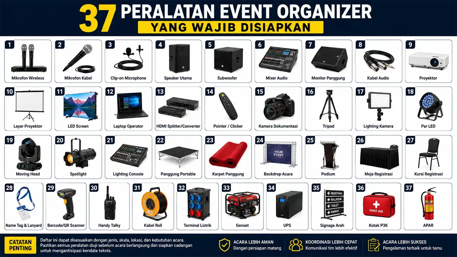 37 Peralatan Event Organizer yang wajib disiapkan untuk seminar, wedding, konser, gathering, dan berbagai jenis acara profesional