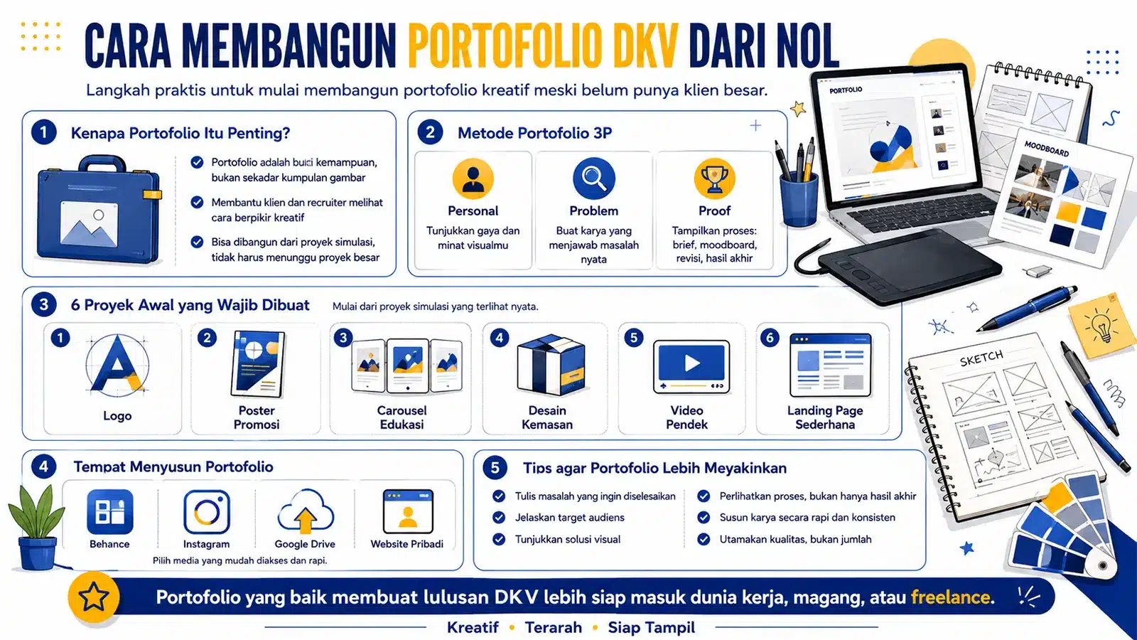 Cara Membangun Portofolio DKV dari Nol untuk Pemula Infografis Cara Membangun Portofolio DKV dari Nol yang menjelaskan langkah praktis membuat portofolio kreatif, mulai dari memahami pentingnya portofolio, menggunakan metode Personal Problem Proof, membuat proyek logo, poster, carousel edukasi, desain kemasan, video pendek, landing page sederhana, hingga menyusun karya di Behance, Instagram, Google Drive, atau website pribadi.