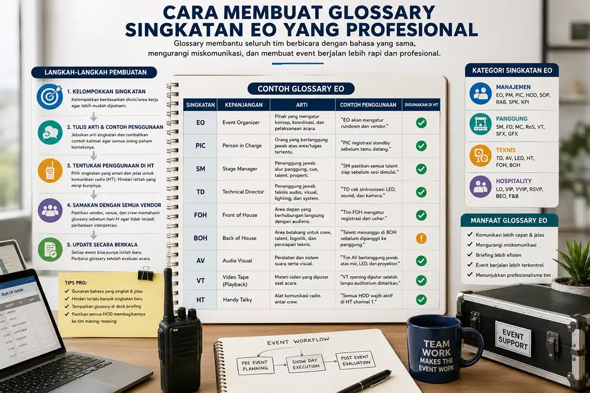 30 singkatan dunia event organizer dan artinya, lengkap dengan ilustrasi backstage event, rundown acara, handy talky (HT), serta istilah EO seperti PIC, LO, SM, TD, AV, FOH, dan BOH yang digunakan dalam produksi acara profesional.