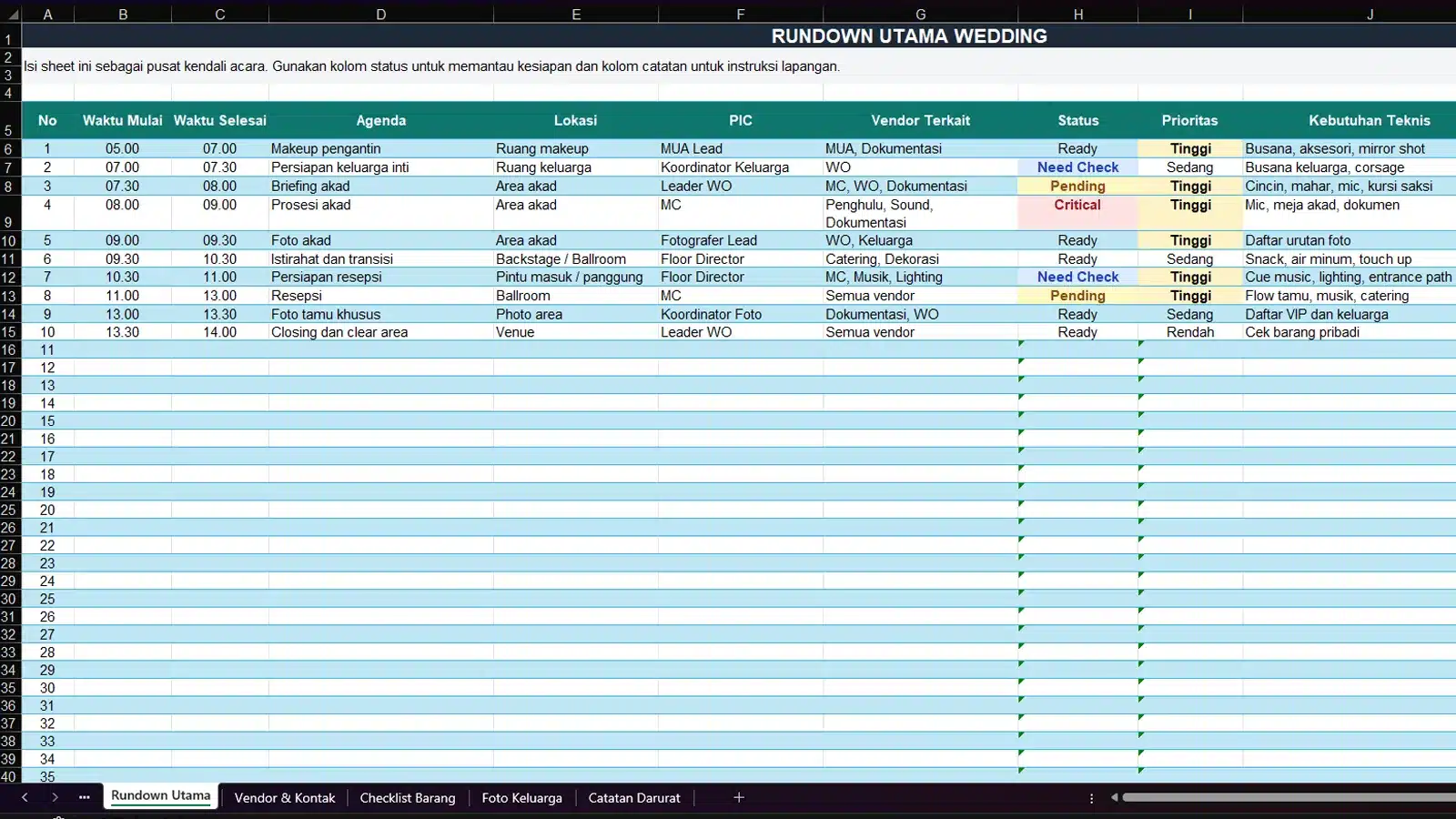 Contoh Format Warna dan Kode Template Rundown Wedding Excel