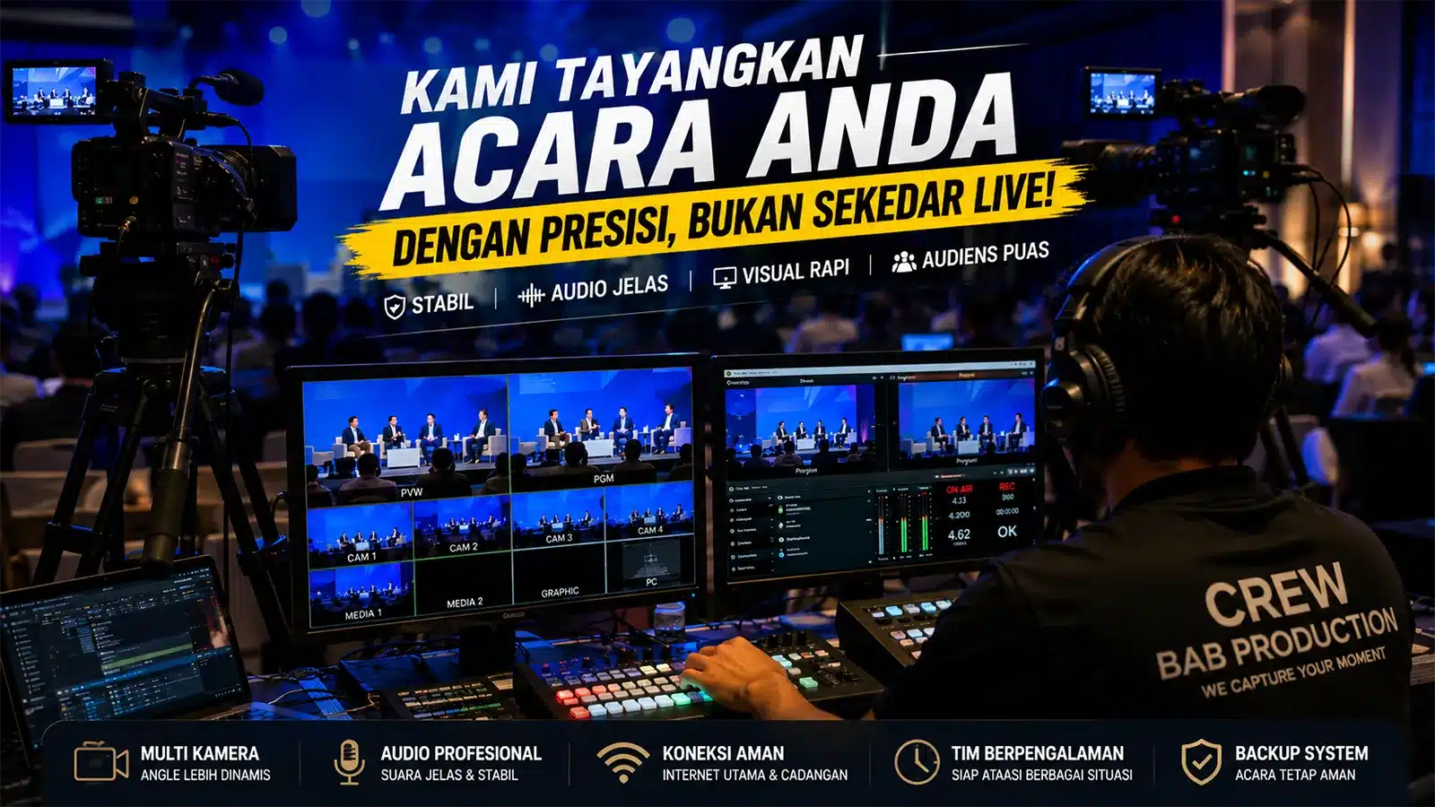 Jasa live streaming profesional BAB Production untuk event seminar webinar dan acara perusahaan