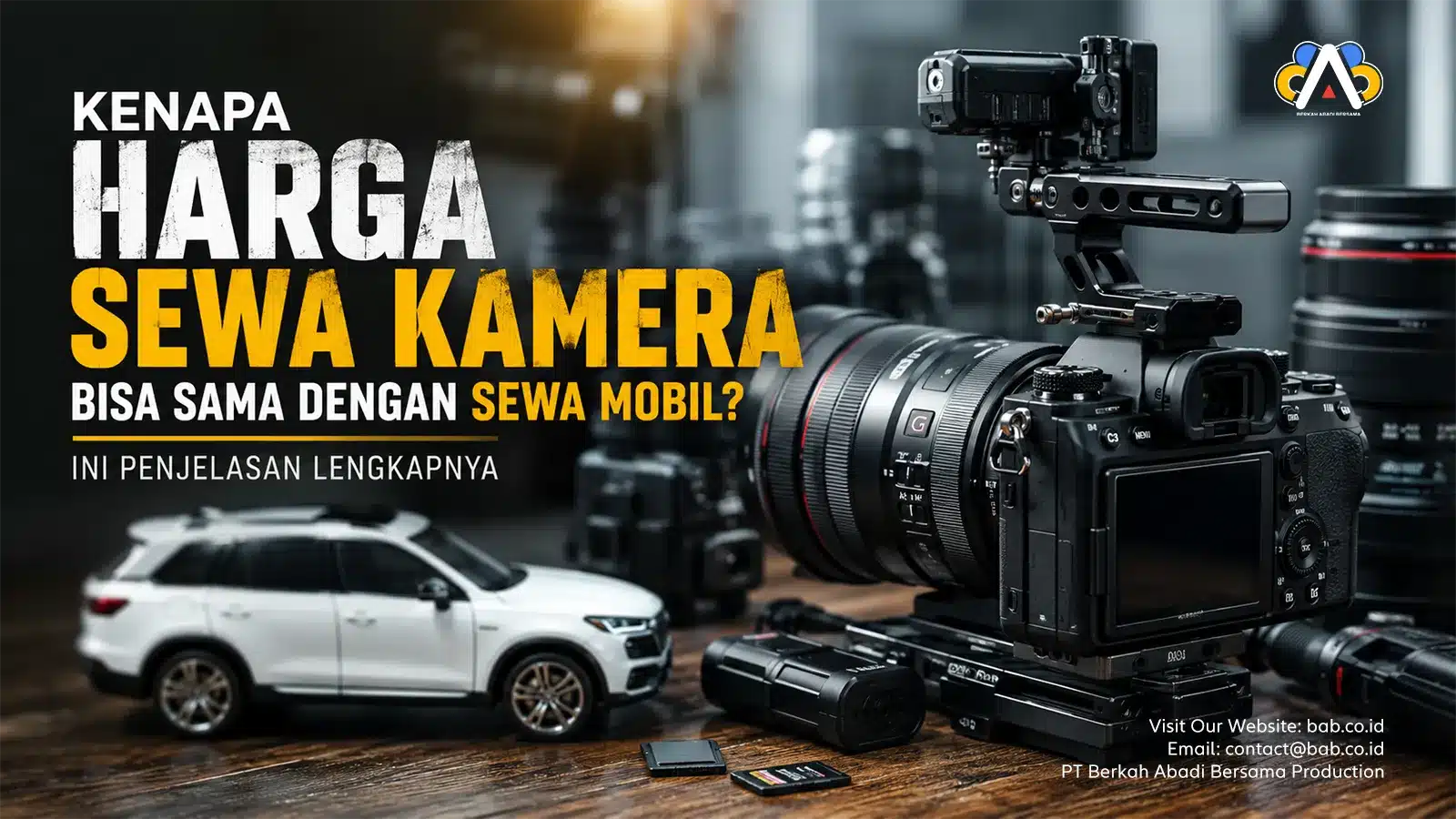 Ilustrasi harga sewa kamera lengkap dengan lensa untuk kebutuhan fotografi dan videografi profesional.