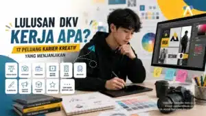 Featured image artikel Lulusan DKV Kerja Apa yang menampilkan seorang desainer muda sedang mengerjakan proyek desain digital. Gambar ini merepresentasikan berbagai peluang kerja lulusan Desain Komunikasi Visual (DKV) seperti graphic designer, photographer, videographer, motion graphic designer, UI/UX designer, branding specialist, illustrator, dan content creator di industri kreatif modern.