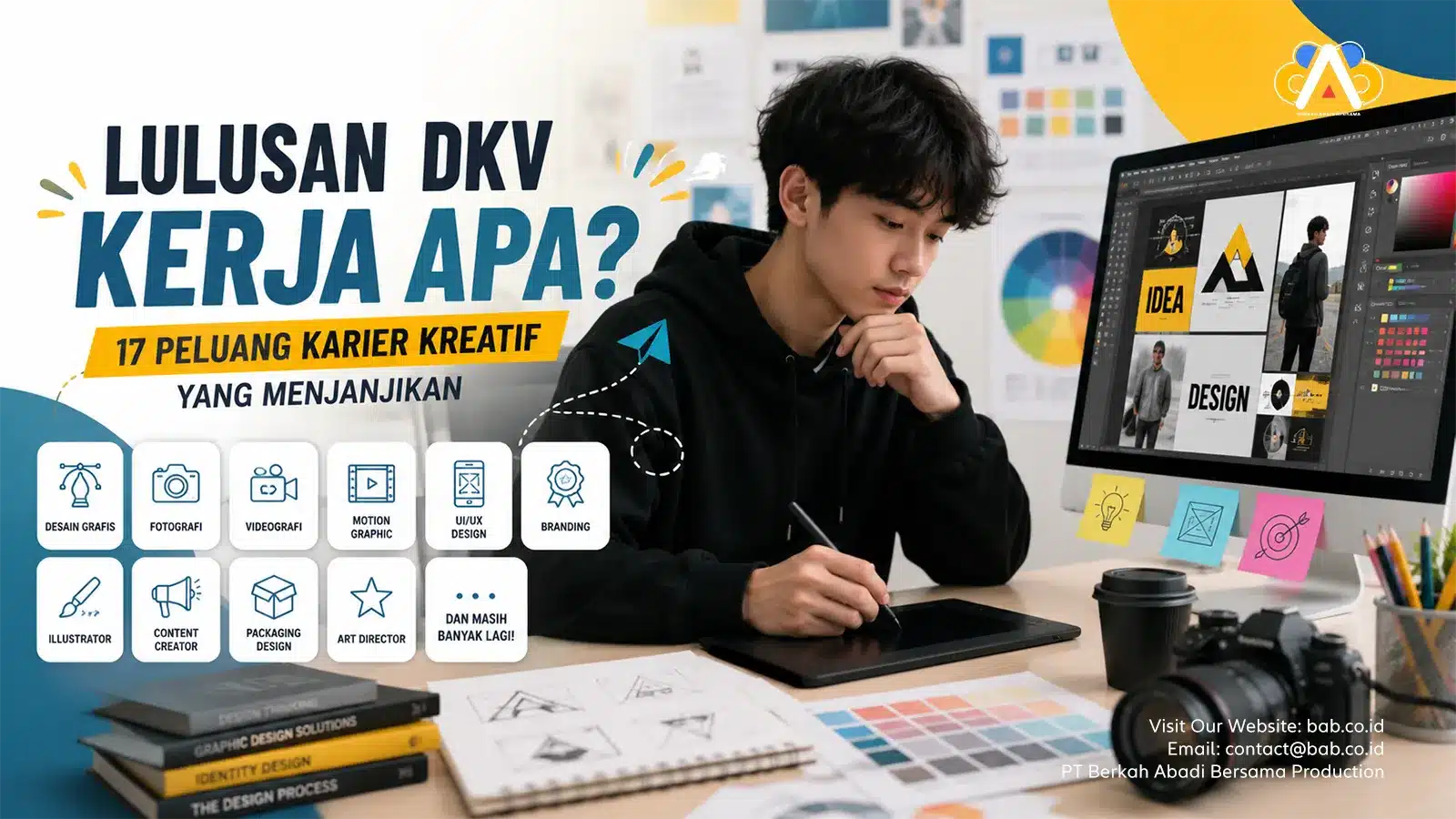 Featured image artikel Lulusan DKV Kerja Apa yang menampilkan seorang desainer muda sedang mengerjakan proyek desain digital. Gambar ini merepresentasikan berbagai peluang kerja lulusan Desain Komunikasi Visual (DKV) seperti graphic designer, photographer, videographer, motion graphic designer, UI/UX designer, branding specialist, illustrator, dan content creator di industri kreatif modern.