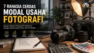 Modal usaha fotografi dengan kamera profesional, lensa, laptop editing, dan perlengkapan studio untuk membangun bisnis fotografi yang sukses