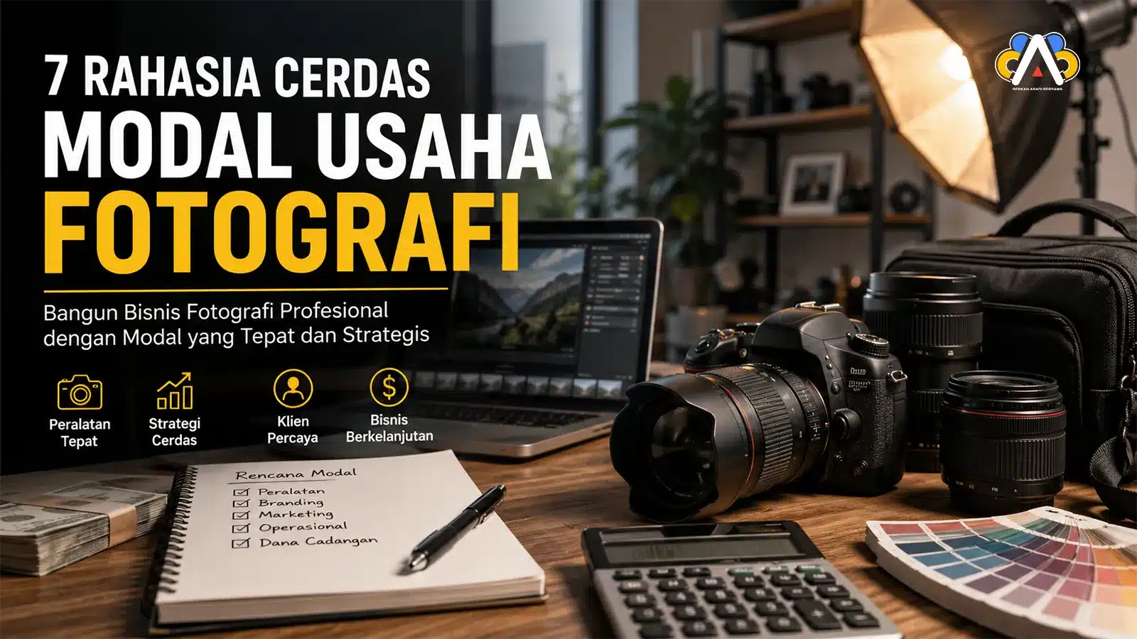 Modal usaha fotografi dengan kamera profesional, lensa, laptop editing, dan perlengkapan studio untuk membangun bisnis fotografi yang sukses