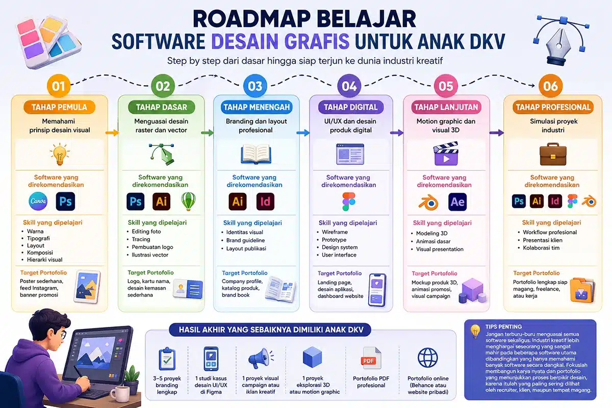 Infografis roadmap belajar software desain grafis untuk anak DKV yang menampilkan tahapan pemula, dasar, menengah, digital, lanjutan, hingga profesional menggunakan Photoshop, Illustrator, InDesign, Figma, CorelDRAW, Blender, dan software desain lainnya.