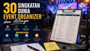 Ilustrasi 30 singkatan dunia event organizer dan artinya lengkap dengan contoh istilah EO seperti PIC, LO, SM, TD, FOH, BOH, AV, dan RoS dalam produksi acara profesional.