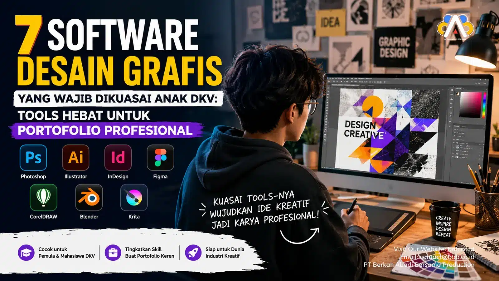 Mahasiswa DKV menggunakan software desain grafis seperti Photoshop, Illustrator, InDesign, Figma, CorelDRAW, Blender, dan Krita untuk membangun portofolio profesional.